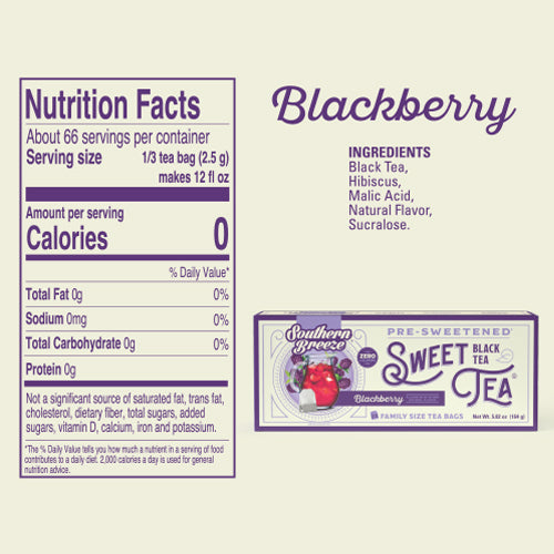 Southern Breeze Blackberry Sweet Iced Tea Family Size nutritional label and ingredients list