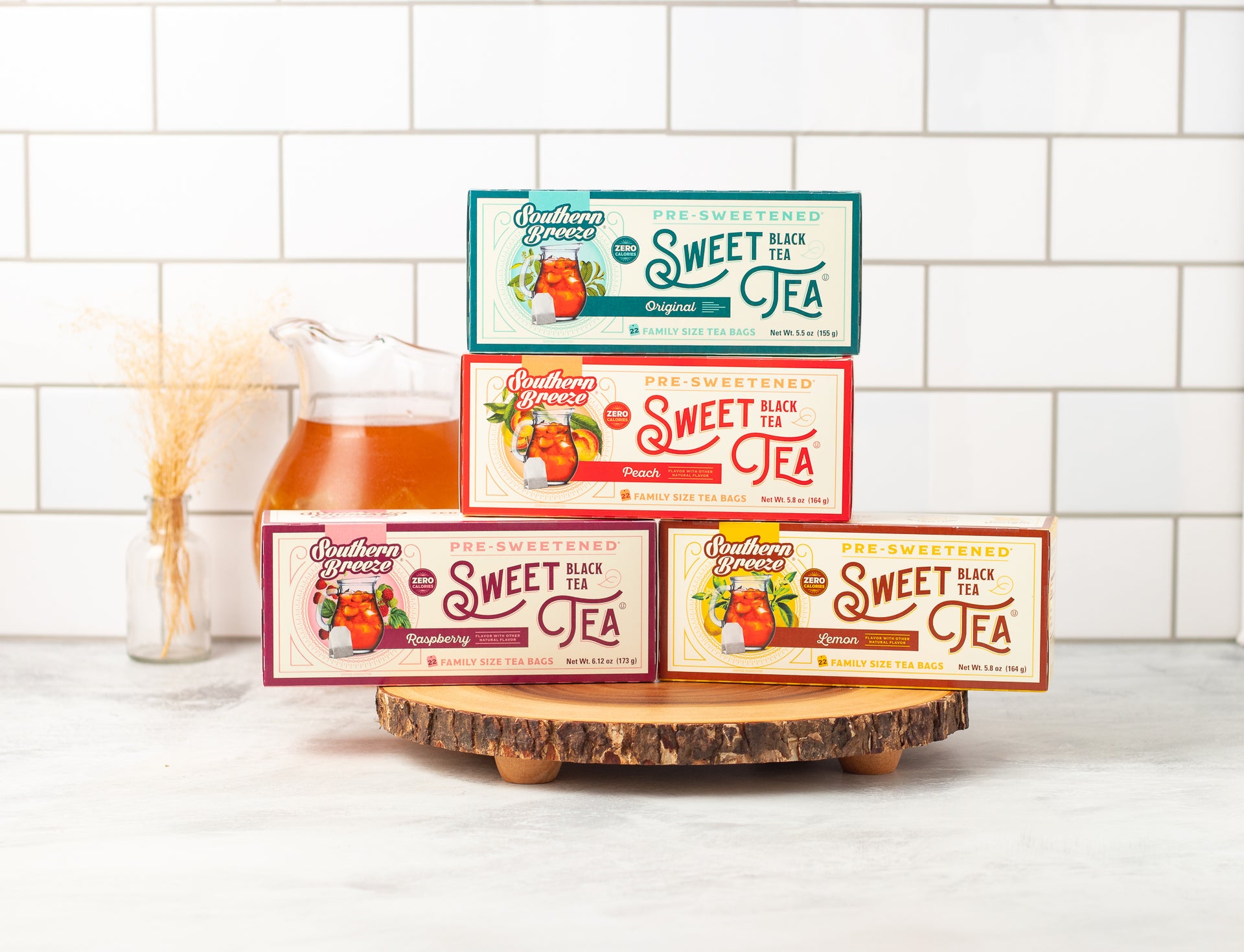 Southern Breeze Sweet Tea Family Size Tea Bags in Original, Peach, Raspberry, and Lemon