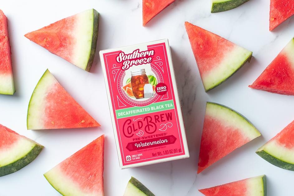Southern Breeze Watermelon Cold Brew Sweet Tea, with fresh watermelon slices