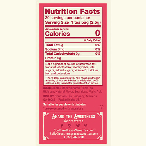 Southern Breeze Decaf Watermelon Sweet Iced Tea Nutrtional label and ingredient list