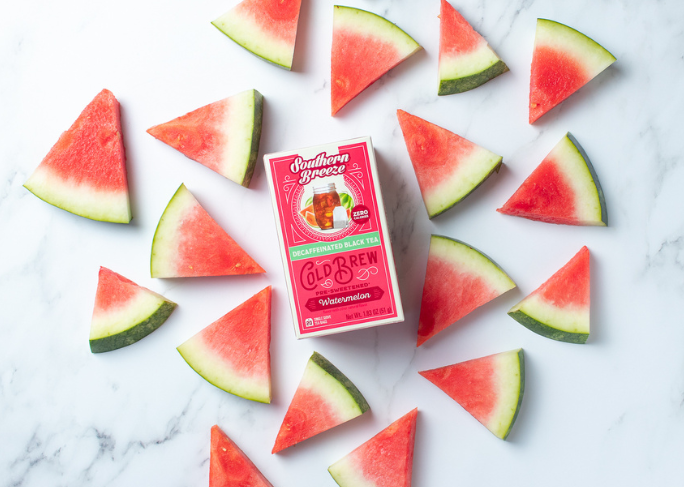 Southern Breeze Decaf Watermelon Cold Brew Sweet Tea, with fresh watermelon slices