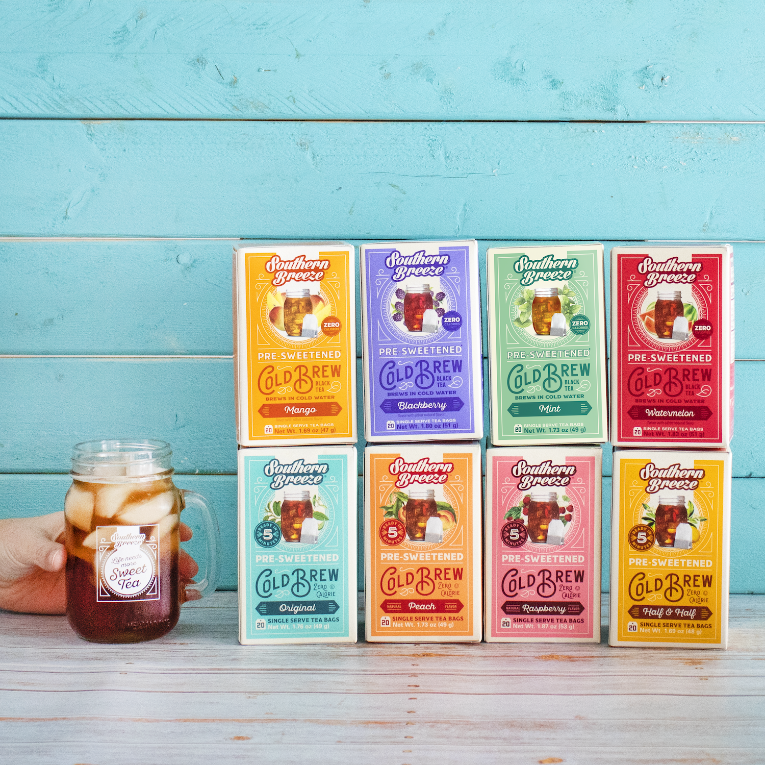 Southern Breeze Cold Brew Sweet Tea & Mason Jar Bundle - Original, Peach, Raspberry, Half & Half, Mint, Mango, Blackberry & Watermelon along with a mason jar