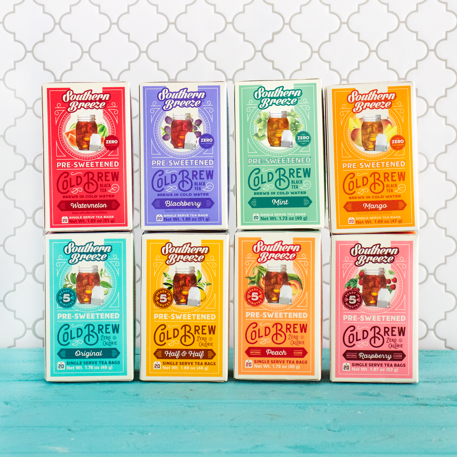 Southern Breeze Cold Brew Sweet Iced Tea Bundle 8 Pack - Original, Peach, Raspberry, Half & Half, Mint, Mango, Blackberry, and Watermelon