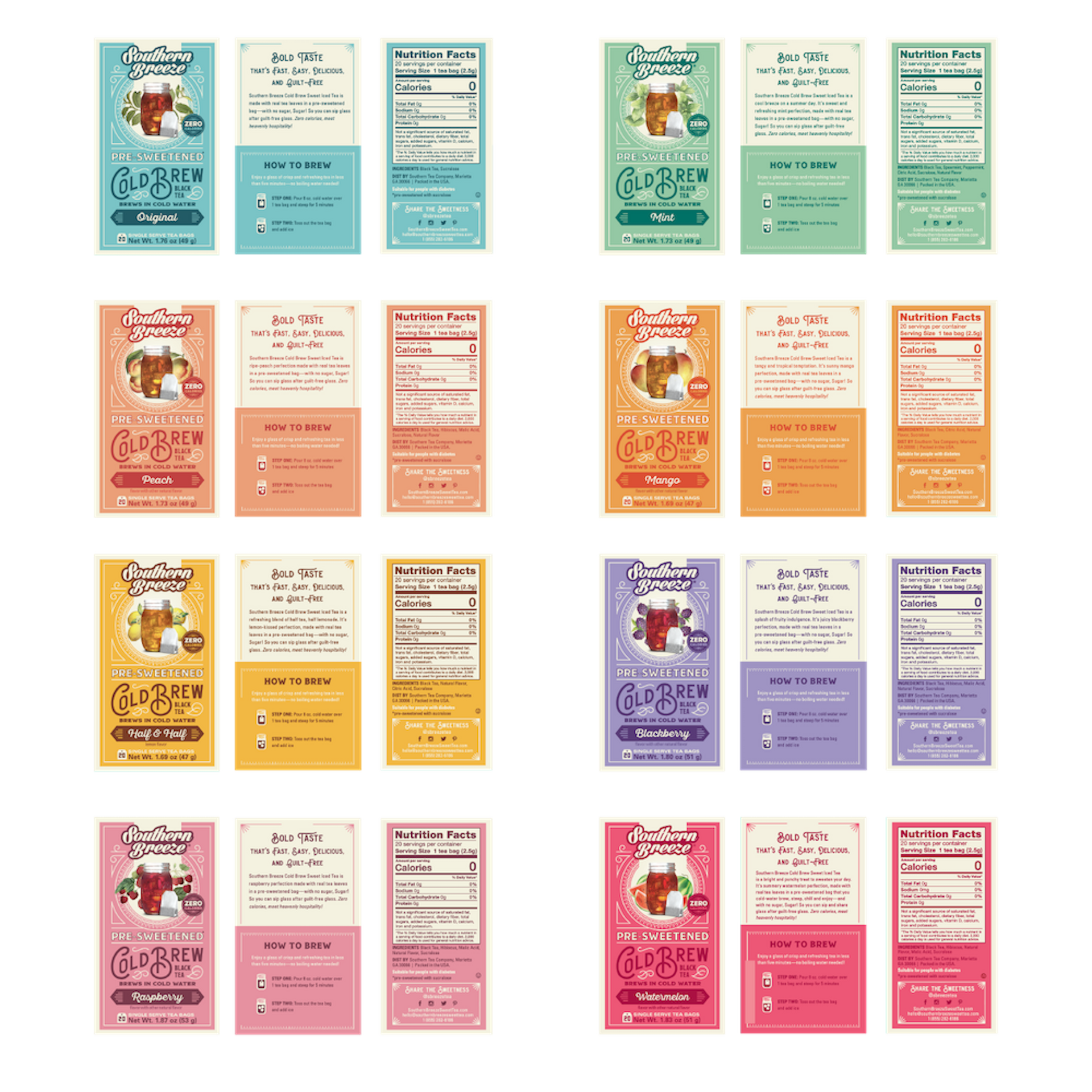 Southern Breeze Cold Brew Sweet Iced Tea Bundle 8 Pack - brewing instructions, nutrional label and ingredients list