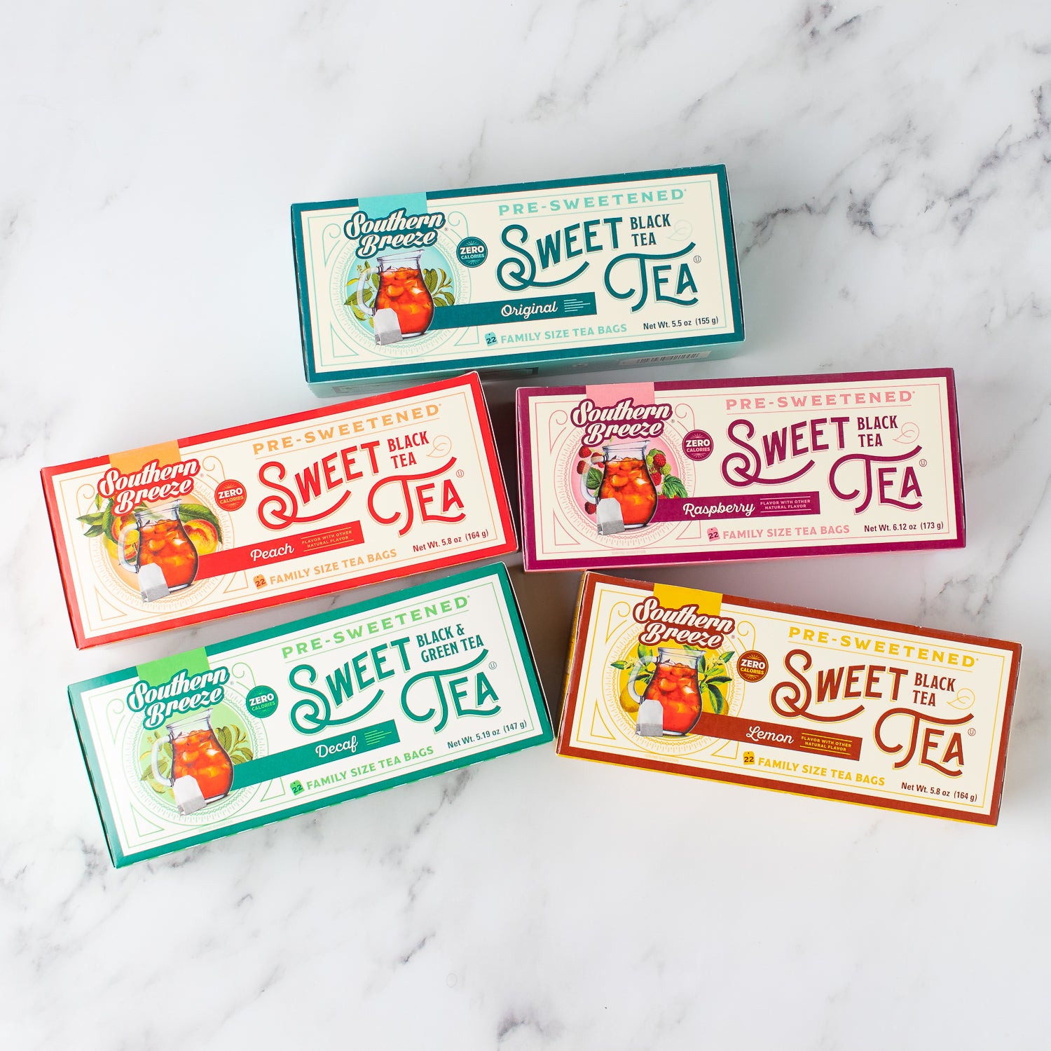 Southern Breeze Family Size Sweet Iced Tea Bundle 5 pack with Decaf - Original, Decaf, Peach, Raspberry & Lemon
