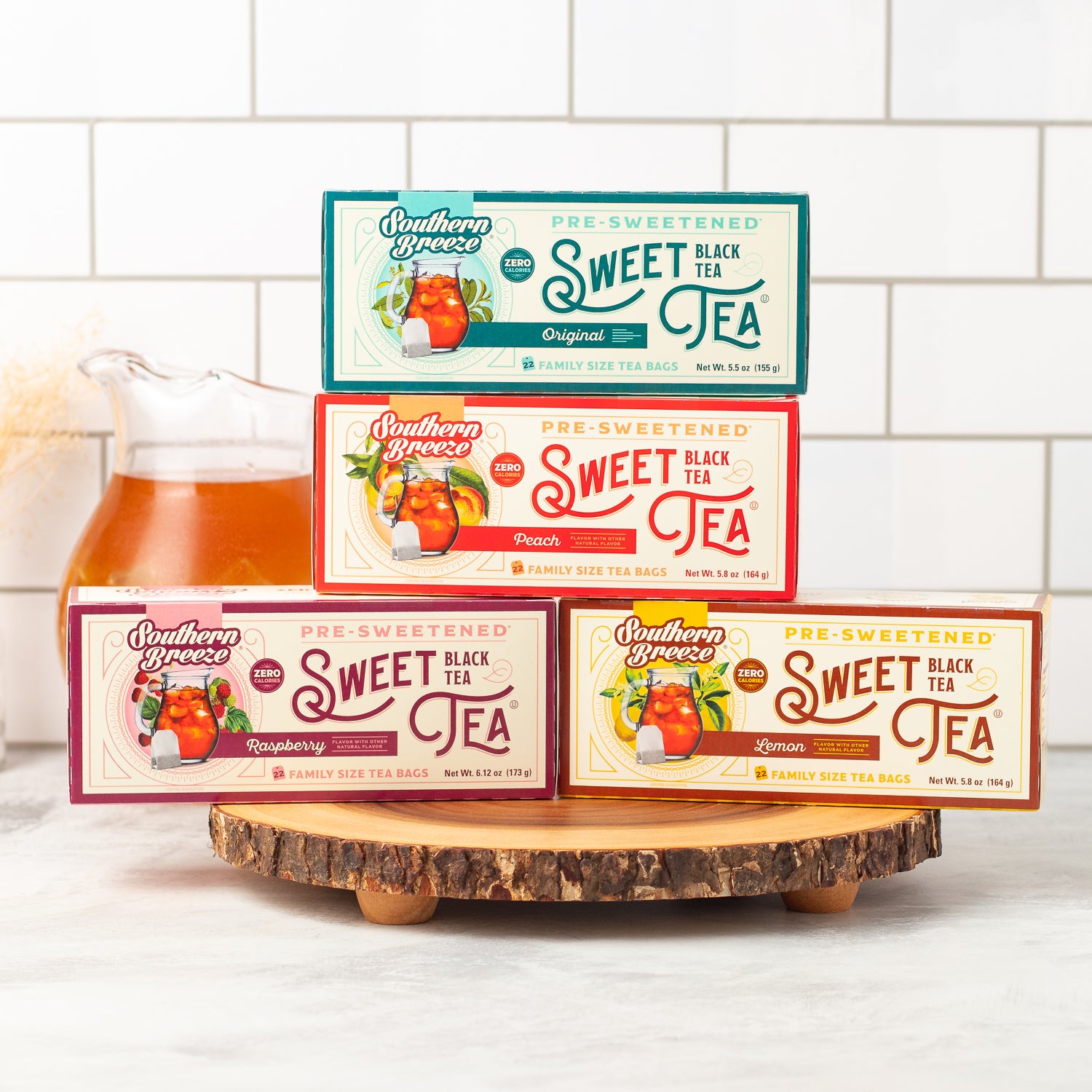 Southern Breeze Family Size Sweet Iced Tea Bundle 4 pack - Original, Decaf, Peach, Raspberry and Lemon along with a iced tea jar
