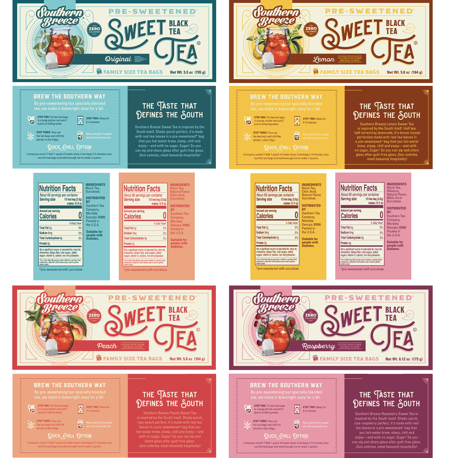 Southern Breeze Family Size Sweet Iced Tea Bundle 4 pack - brewing instructions, nutritional label and ingredients list