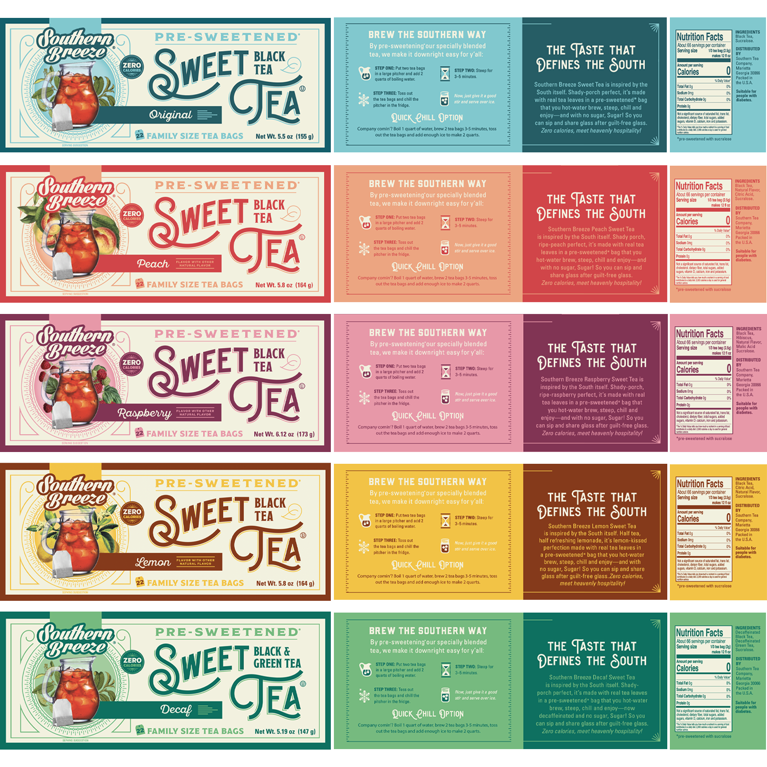 Southern Breeze Family Size Sweet Iced Tea Bundle 5 pack with Decaf -brewing instructions, nutritional label and ingredients list