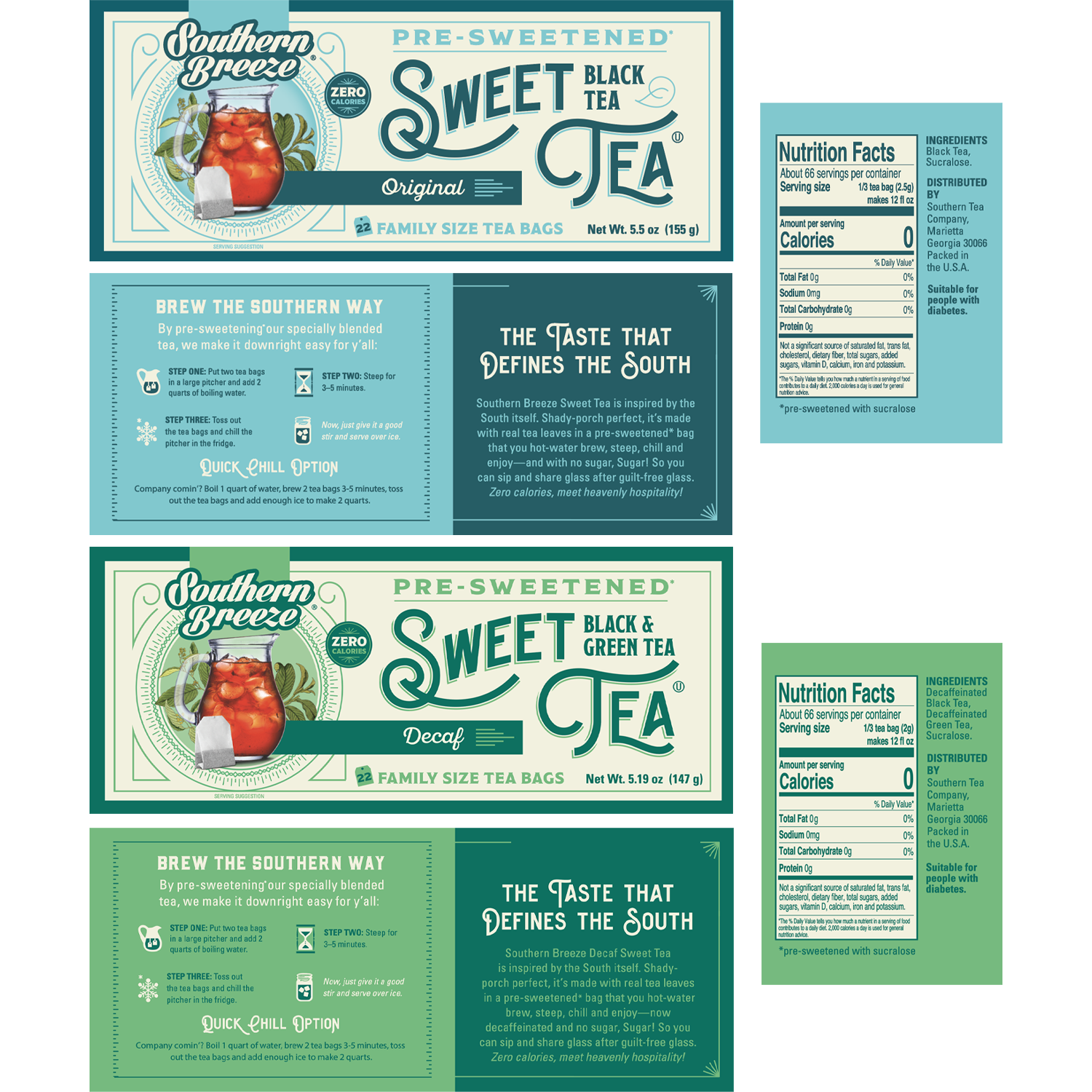 Southern Breeze Day and Night Family Size Sweet Iced Tea Bundle - brewing instructions, nutritional label and ingredients list
