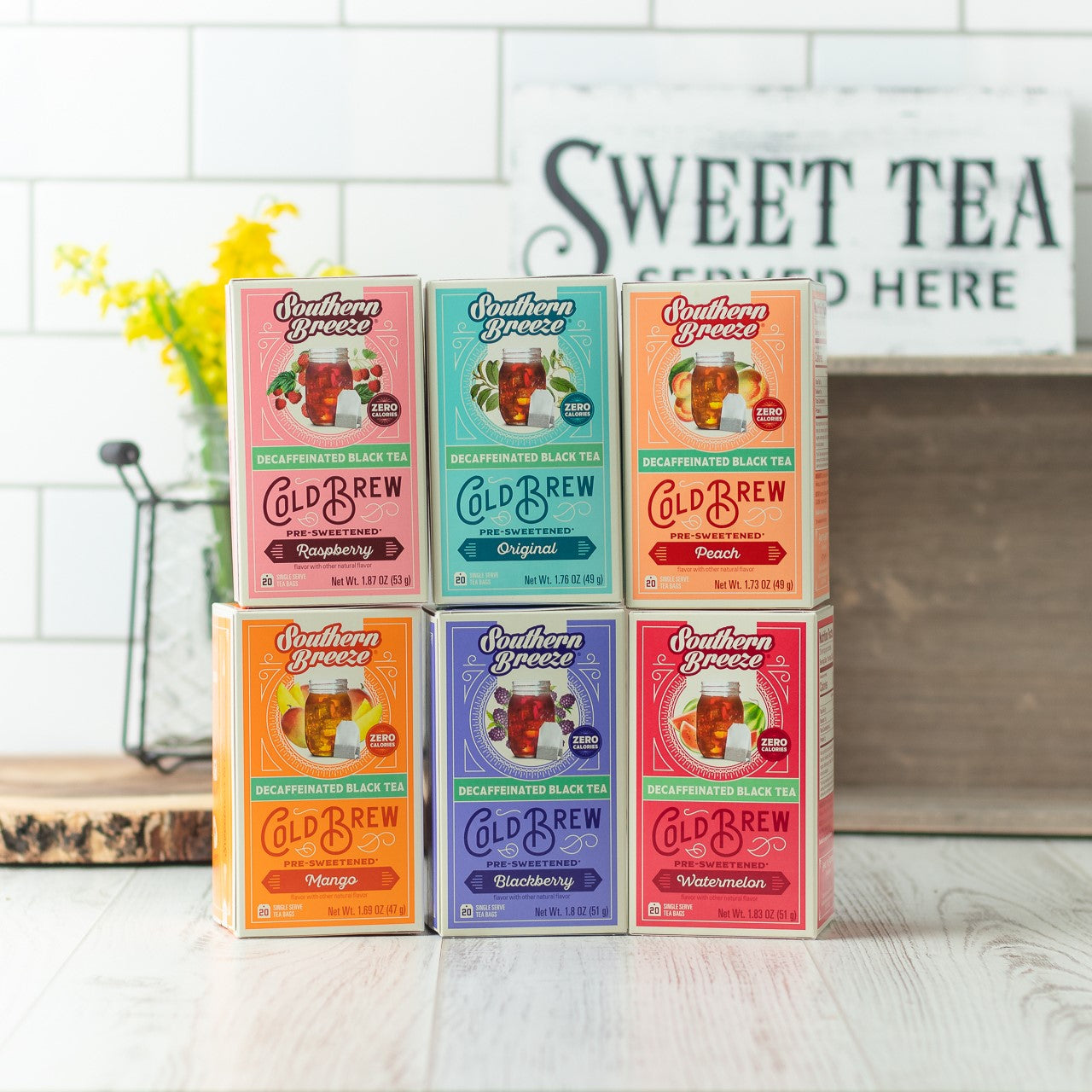 Southern Breeze Decaf Cold Brew Sweet Iced Tea Bundle 6 Pack - Original, Mango, Peach, Raspberry, Blackberry & Watermelon