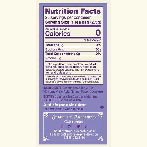 Southern Breeze Decaf Blackberry Sweet Iced Tea Nutrition Label and Ingredients