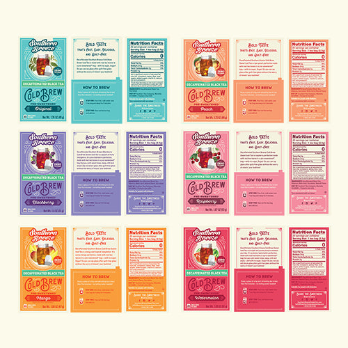 Southern Breeze Decaf Cold Brew Sweet Iced Tea Bundle 6 Pack - brewing instructions, nutritional label and ingredients list