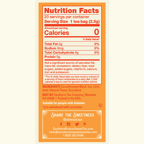 Southern Breeze Decaf Mango Sweet Iced Tea nutritional label and ingredients list