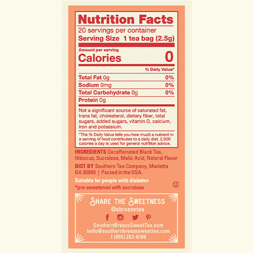 Southern Breeze Decaf Peach Sweet Iced Tea nutritional label and ingredients list