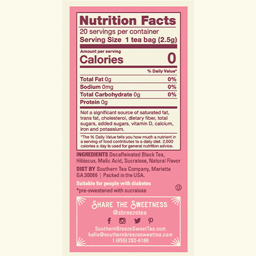 Southern Breeze Decaf Raspberry Sweet Iced Tea nutritional label and ingredients list