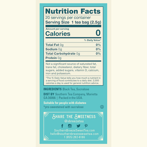 Southern Breeze Original Sweet Iced Tea nutritional label and ingredients list