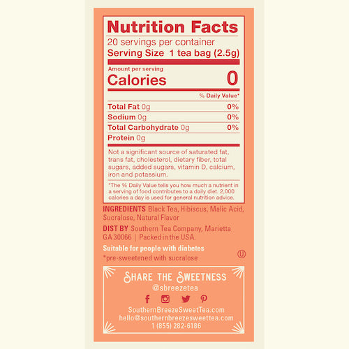 Southern Breeze Peach Sweet Iced Tea nutritional label and ingredients list