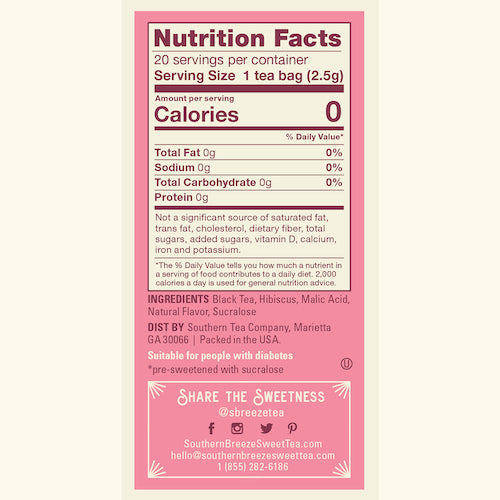 Southern Breeze Raspberry Sweet Iced Tea nutritional label and ingredients list
