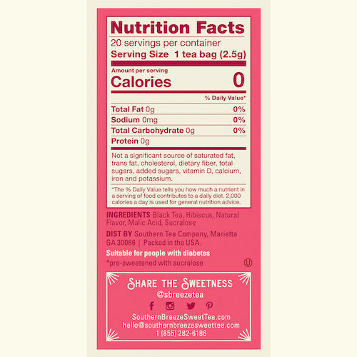 Southern Breeze Watermelon Sweet Iced Tea nutritional label and ingredients list