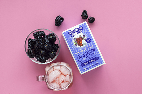 Southern Breeze Cold Brew Sweet Iced Tea Berry Bundle - Blackberry flavor, blackberry in a bowl and iced tea jar