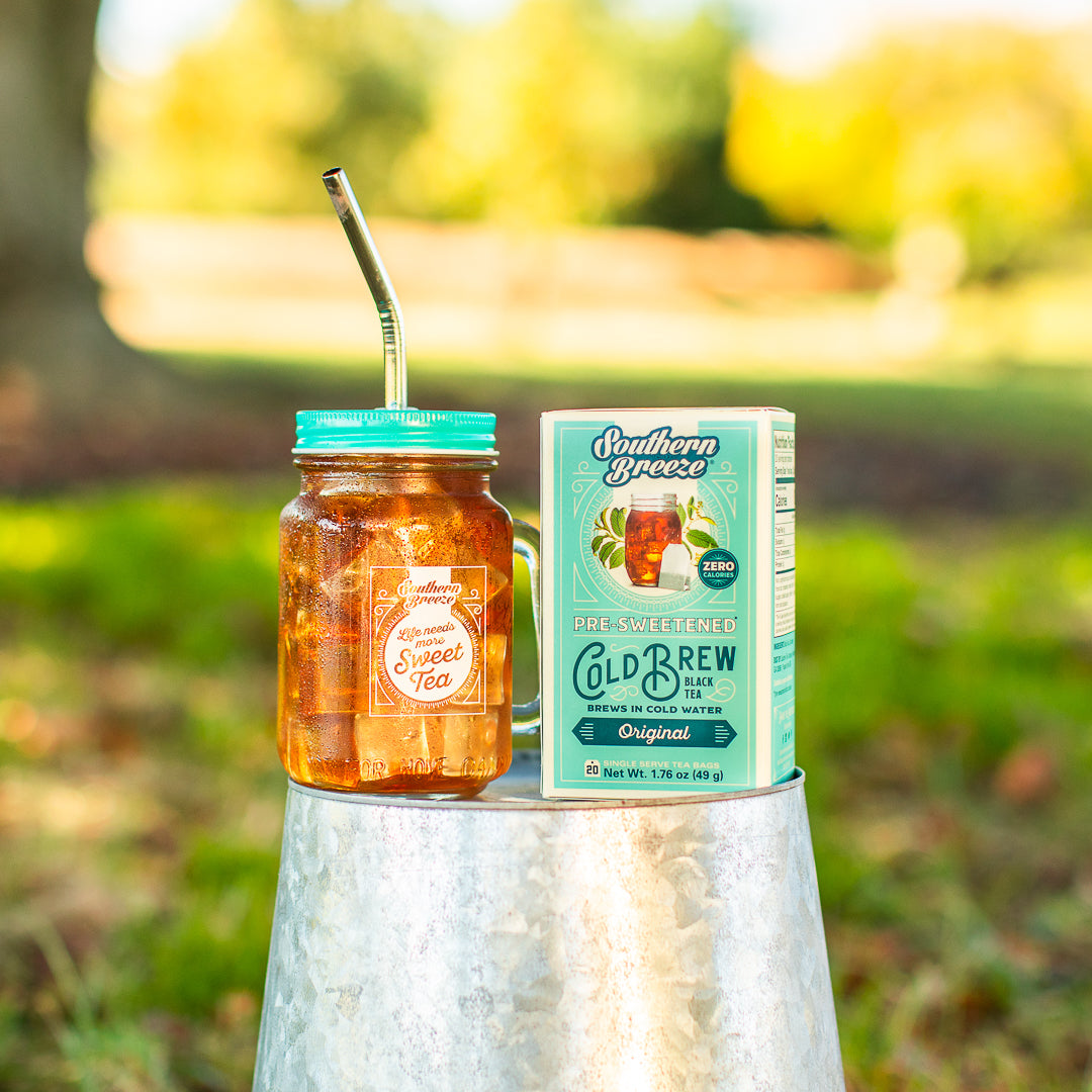 Southern Breeze Iced Tea Mason Jar Lid and Straw along with Original flavor iced tea