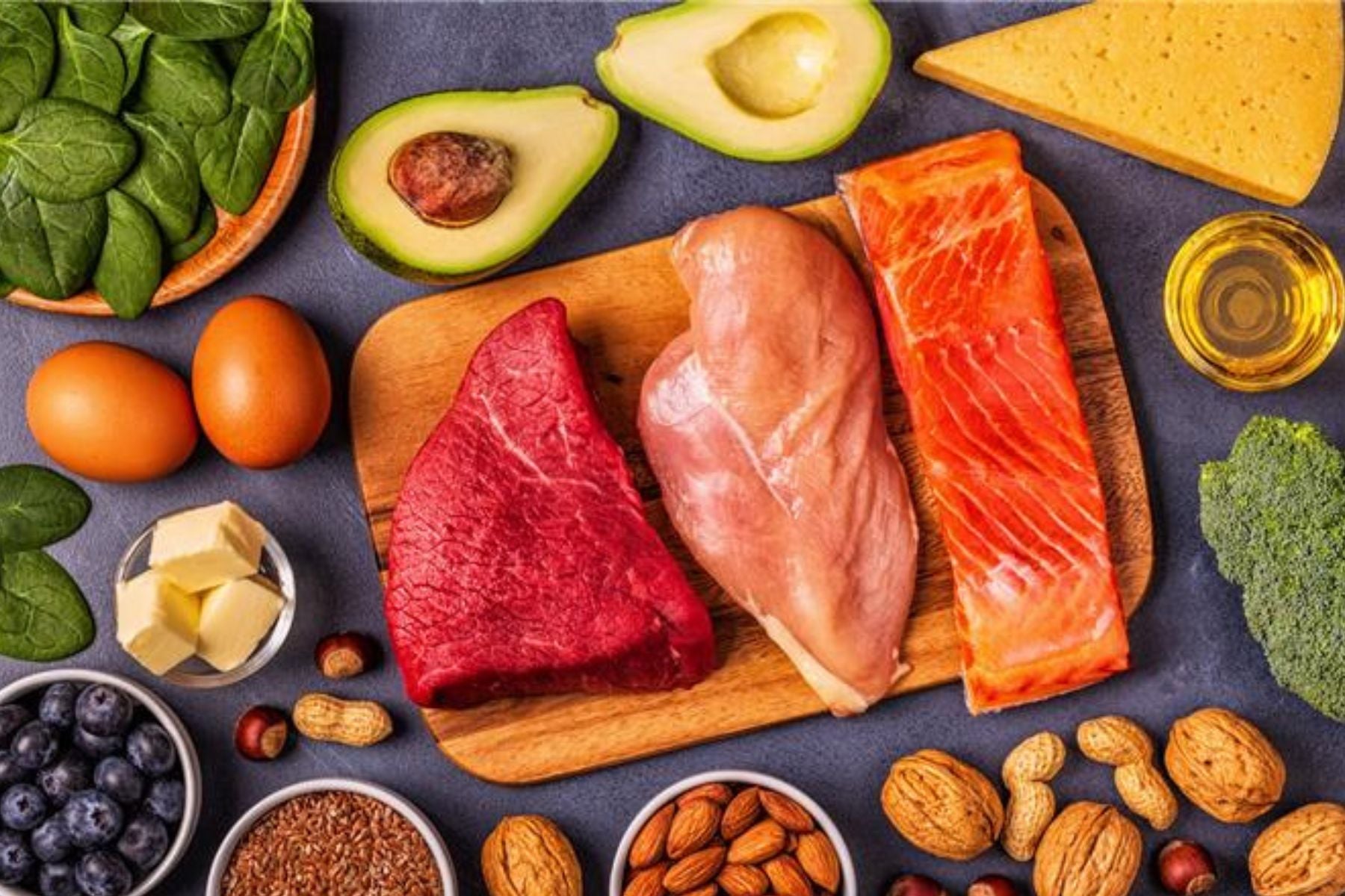 Flat-lay of healthy whole foods including raw meats, avocado, and nuts.