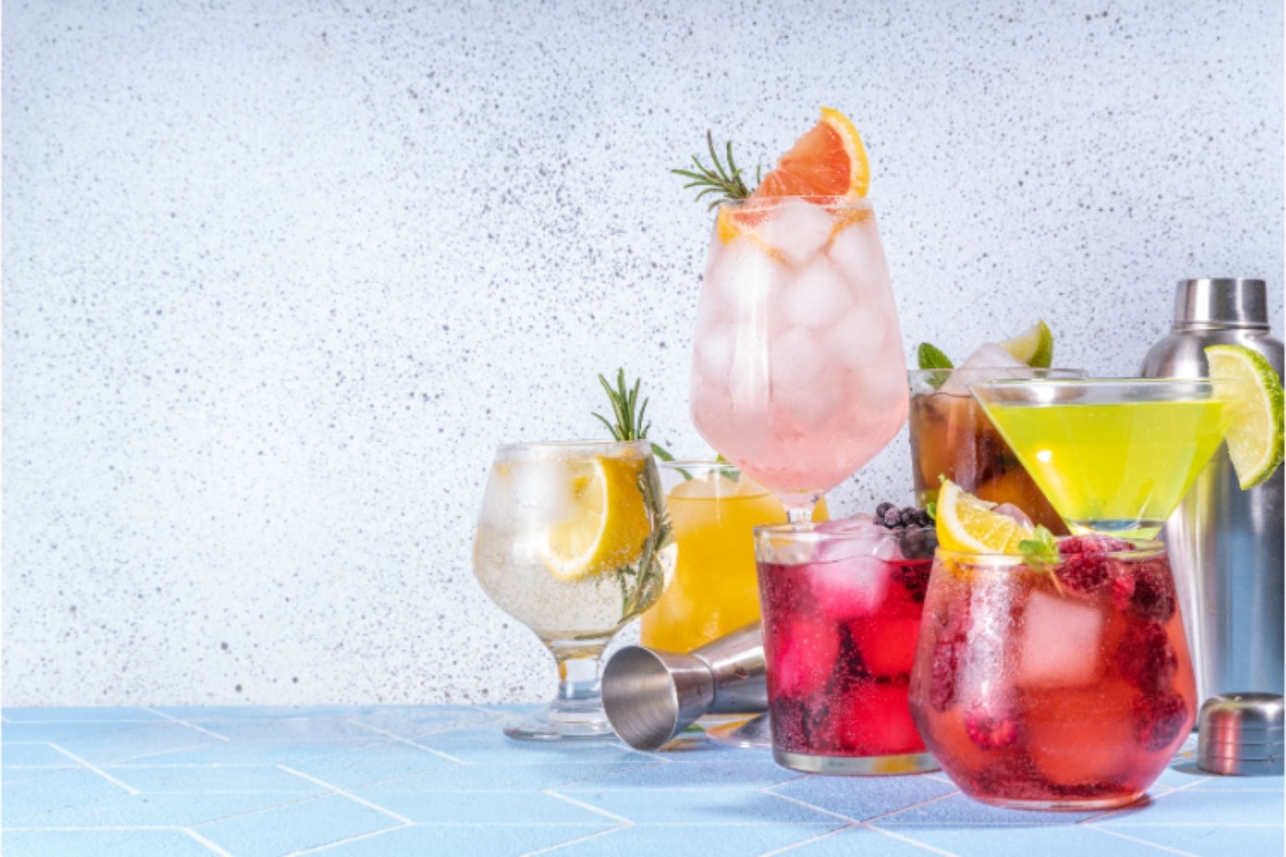Variety of mocktails in different shaped glasses