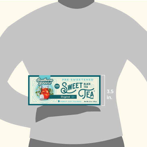 Southern Breeze Sweet Tea package on a t-shirt with dimensions indicated