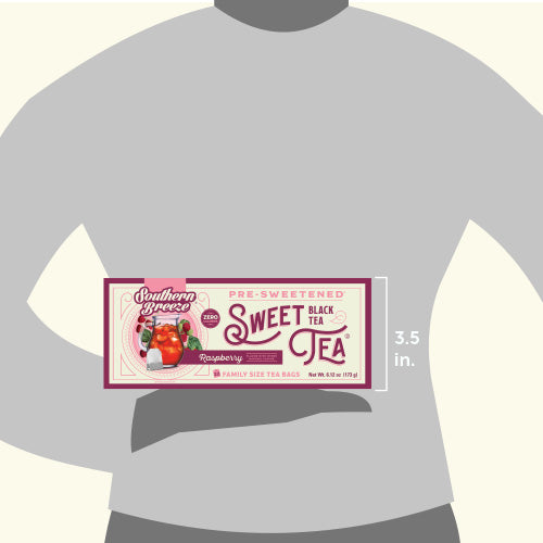 Southern Breeze Raspberry Sweet Iced Tea Family Size package on a gray shirt with dimensions indicated