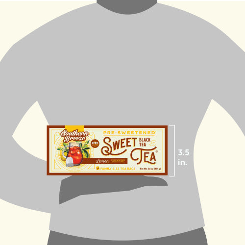Box of Southern Breeze Sweet Tea on a person's arm with dimensions indicated