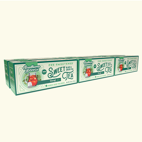 Six Boxes  of Southern Breeze Decaf Sweet Tea on a white background