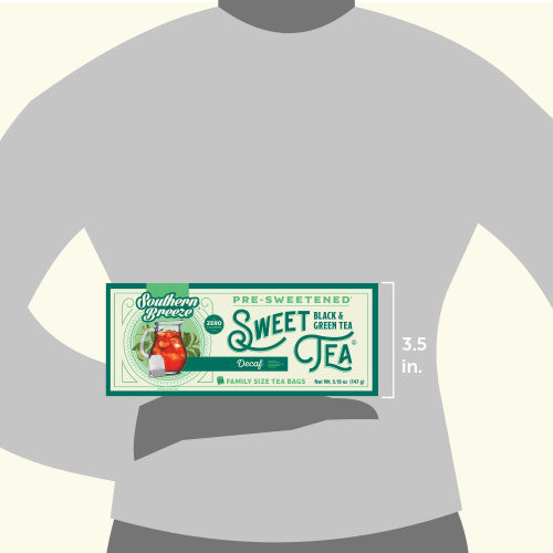 Southern Breeze Decaf Family Size Sweet Tea package held by a person to show size