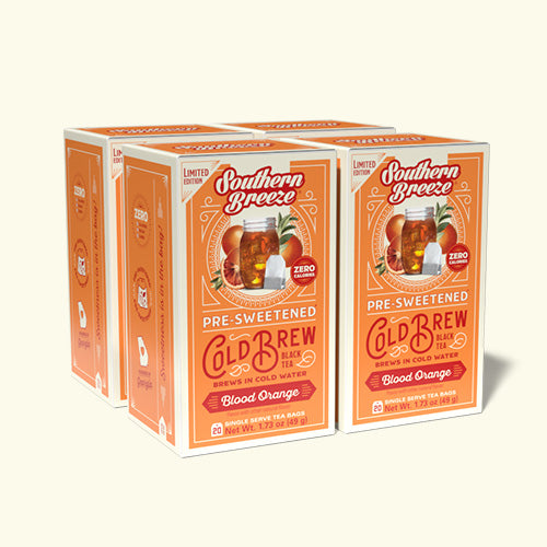 Four boxes of Southern Breeze Blood Orange pre-sweetened cold brew tea bags on a white background