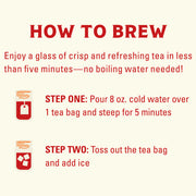 Instructions on how to brew iced tea with red text and icons on a white background