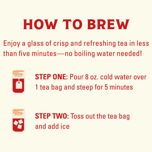 Instructions on how to brew iced tea with red text and icons on a white background