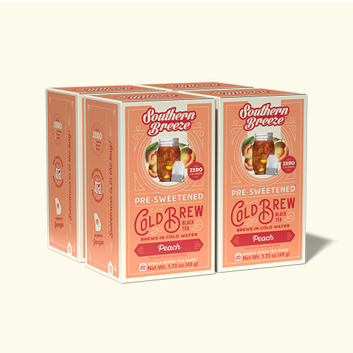 Four boxes of Southern Breeze pre-sweetened cold brew black tea on a white background