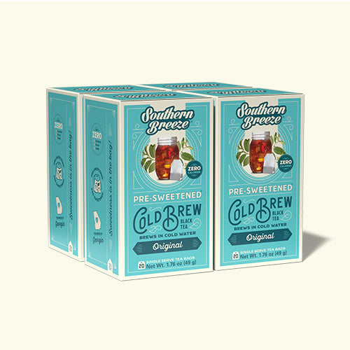 four boxes of Southern Breeze pre-sweetened cold brew black tea on a white background