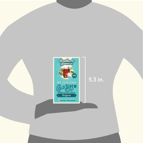 Southern Breeze pre-sweetened cold brew iced tea package held by a person on a gray shirt.