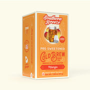 Box of Southern Breeze pre-sweetened cold brew black tea bags with mango flavor on a white background.