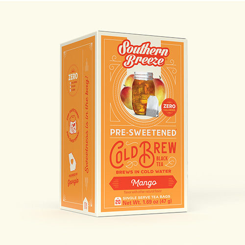 Box of Southern Breeze pre-sweetened cold brew black tea bags with mango flavor on a white background.