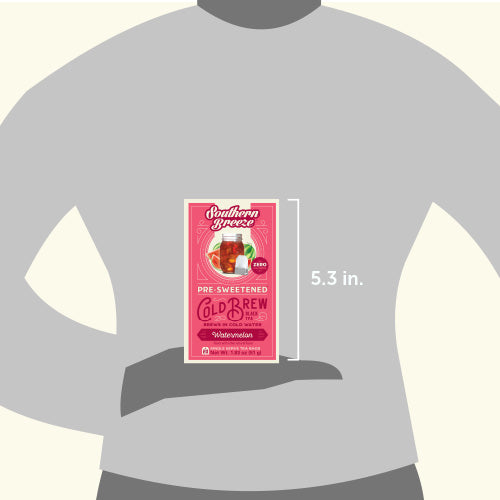 Pink packet of Southern Breeze pre-sweetened cold brew on a gray t-shirt with measurement text.