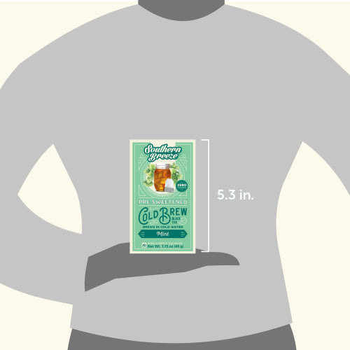 Southern Sweetened Cold Brew package held by a person, showing size reference.