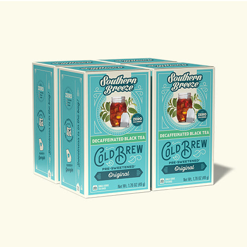 Four boxes of Decaf Southern Breeze Cold Brew tea on a white background