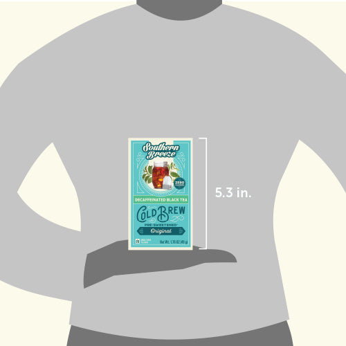 Tea package held by a person on a gray shirt with dimensions displayed