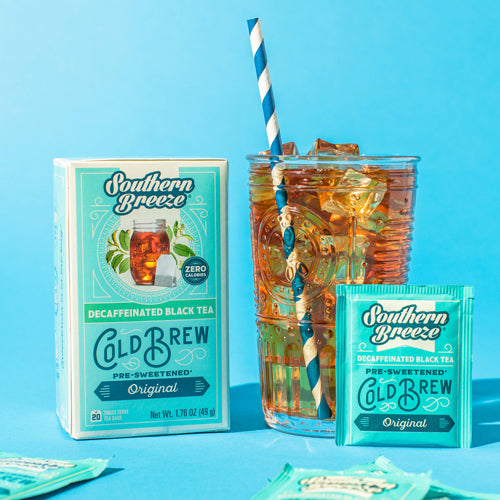 Southern Breeze Cold Brew tea packaging with a glass of iced tea on a blue background