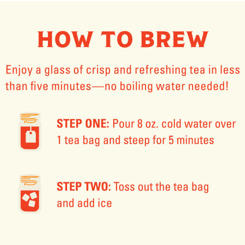 Instructions on how to brew iced tea with red text and icons on a white background