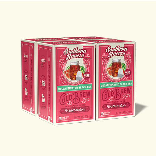 Four boxes of Southern Breeze Cold Brew Decaf Watermelon tea on a white background