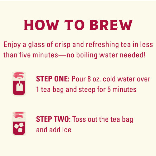 Instructions for brewing iced tea with text and icons on a white background