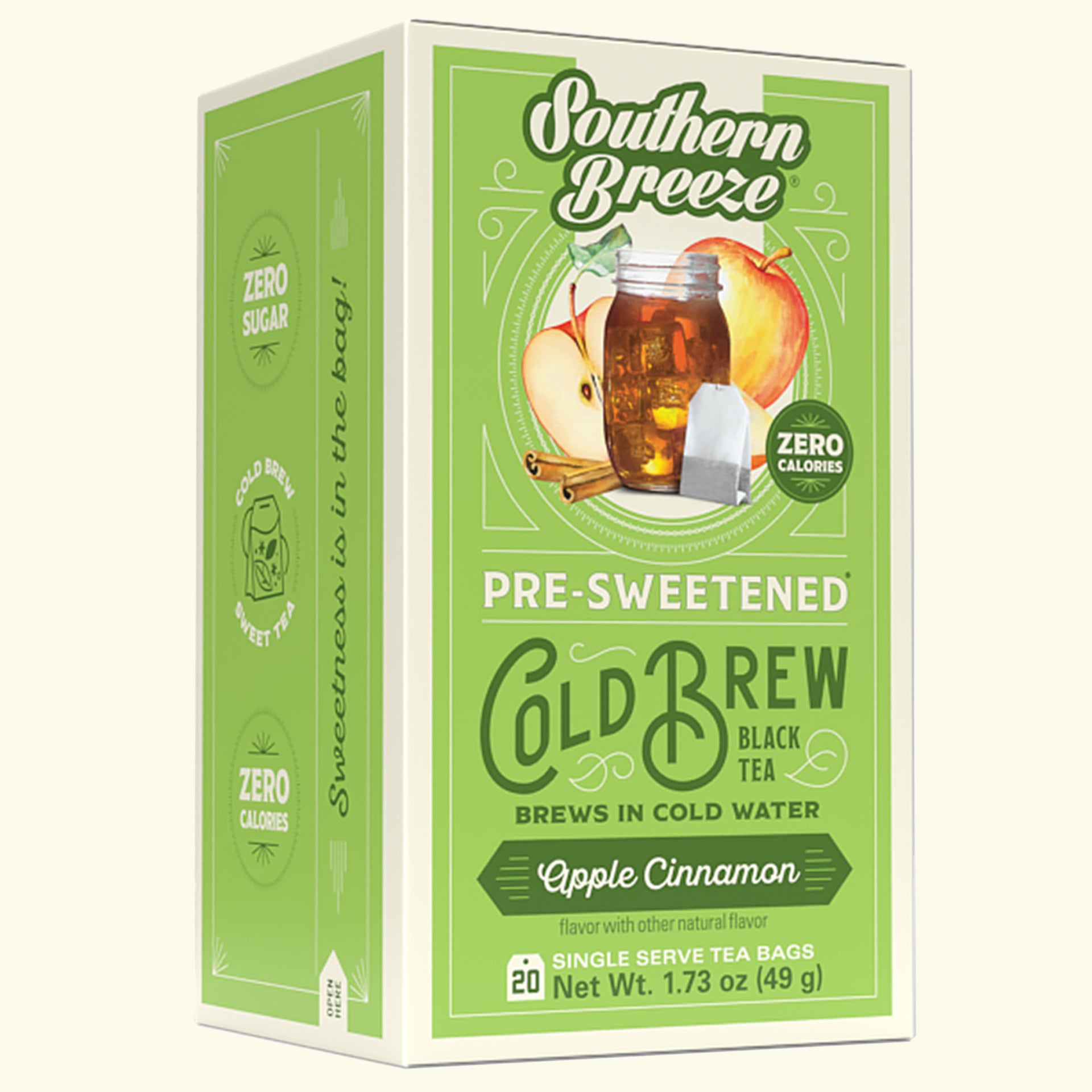 Box of Southern Breeze Apple Cinnamon pre-sweetened cold brew tea on a white background