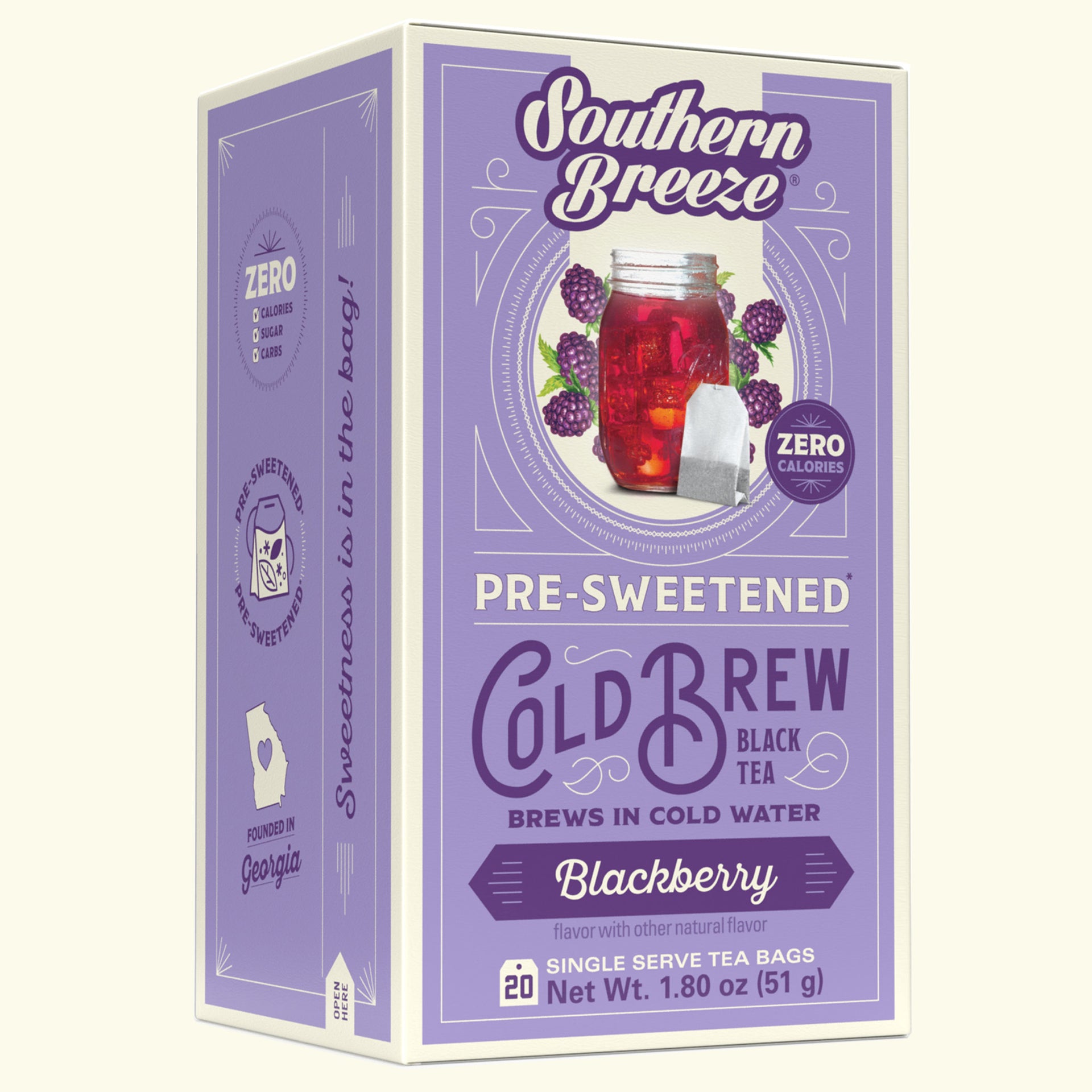 Box of Southern Breeze Blackberry Cold Brew tea on a white background